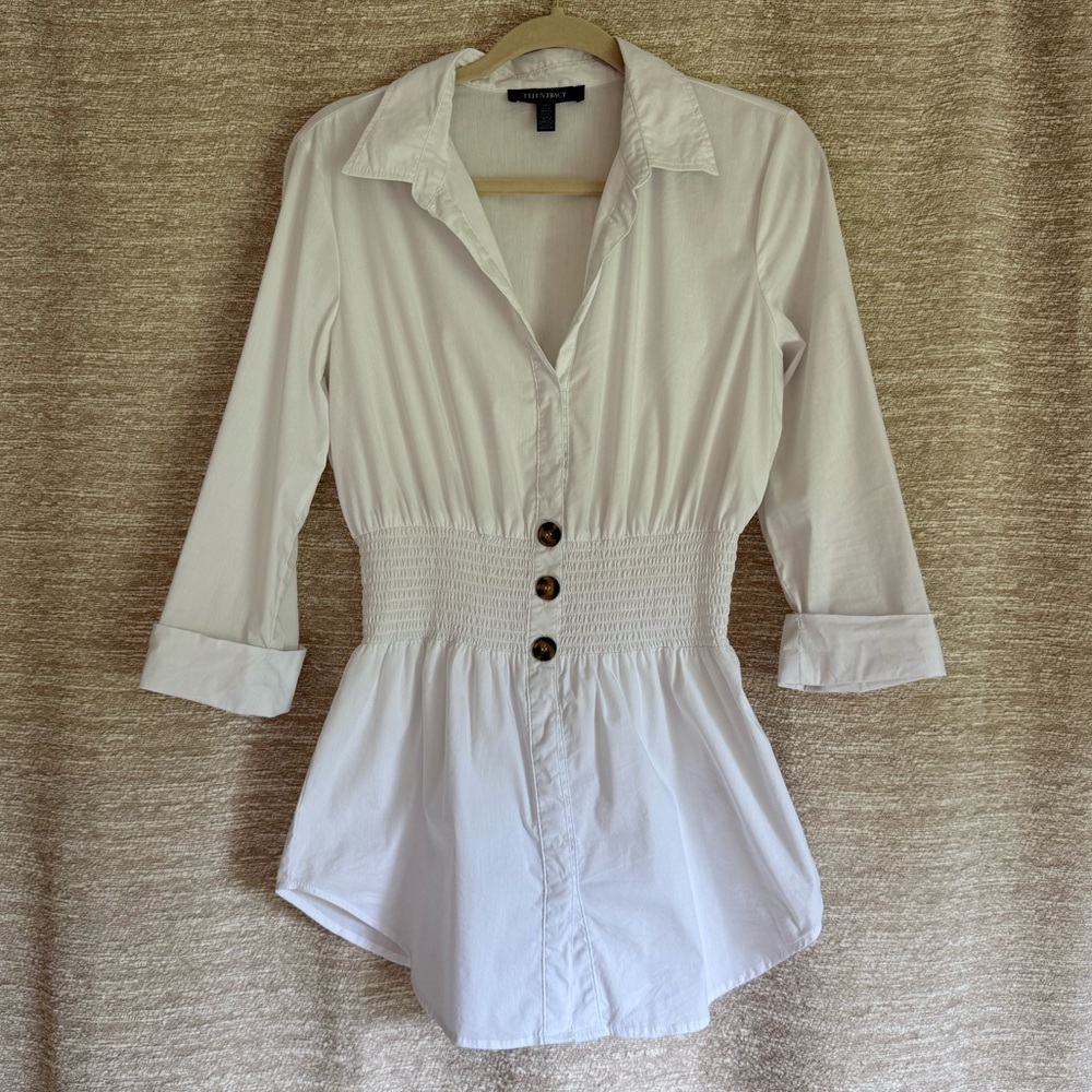 Ellen Tracy White 3/4 Sleeved Button Down with Smocked Waist